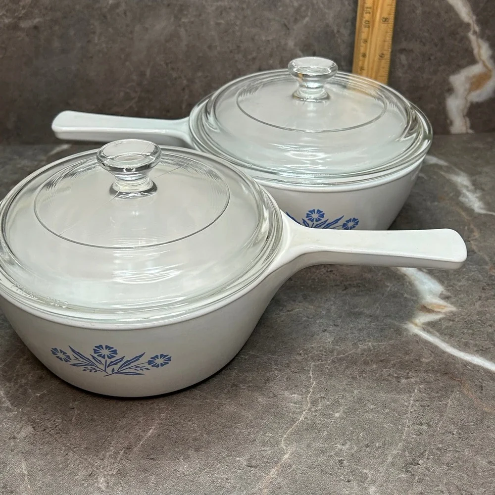 Corning Ware Blue Cornflower 1.5 Pt Saucepan P-82-B Set of 2 Pyrex Lids Vintage